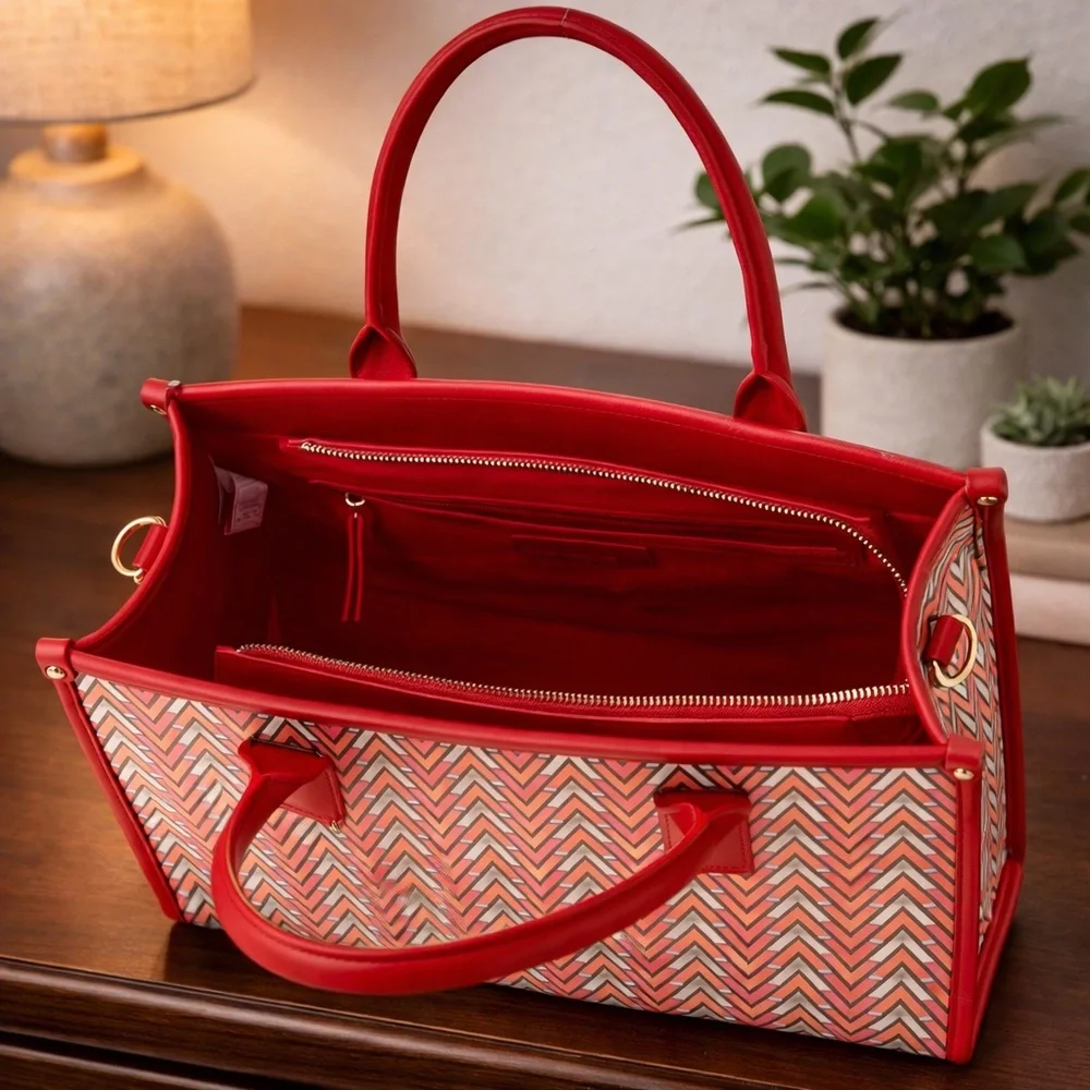 Mario Valentino Red and Tan Chevron Tote - Picture 2 of 2